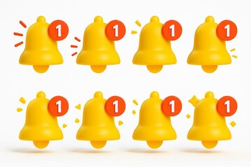 Collection of eight yellow notification bells with a red circle and the number one