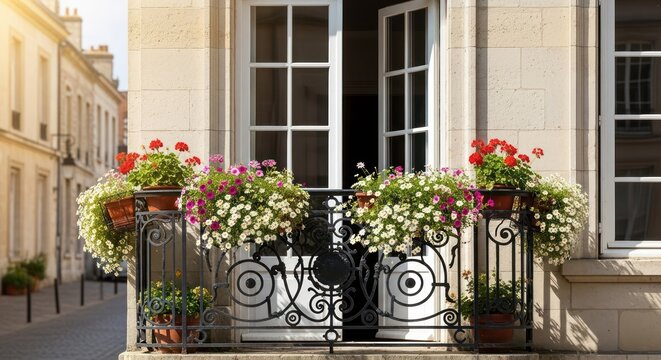 Balcony garden with flowers in pots in a European town street