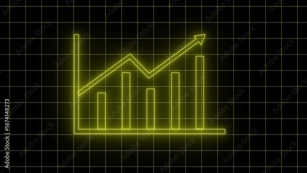 Poster glowing yellow neon line graph with upward trend and bar chart on black background