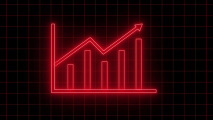 Vibrant red neon bar graph with upward trending arrow symbolizing financial growth and success