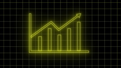 Glowing yellow neon line graph with upward trend and bar chart on black background