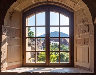 Fototapeta premium A charming arch window reveals a picturesque village nestled beside a hill, bathed in natural light.