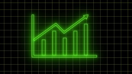 Green neon glowing bar chart with upward trending line graph on black background symbolizing growth and success