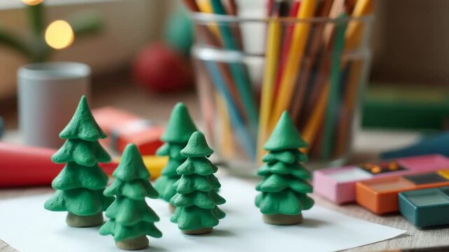 Colorful paintbrushes and vibrant paint tubes are organized on cozy workspace, showcasing a DIY Christmas project. Small decorated trees made of green recycled paper clay material add festive charm