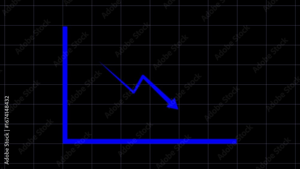 Poster Blue line graph showing a sharp decline and then a slight recovery on a black grid background