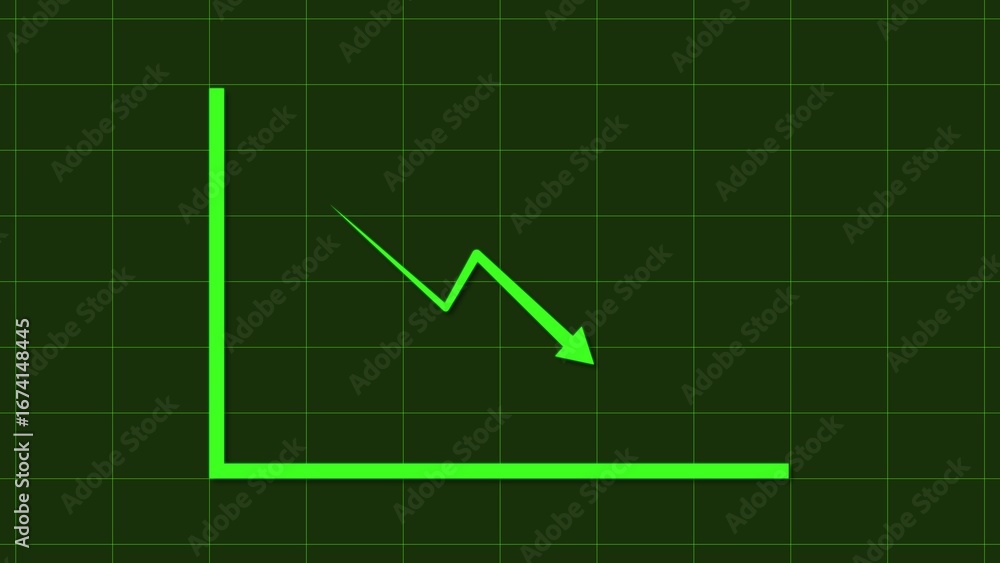 Poster green neon graph line showing a sharp downward trend on a dark grid background