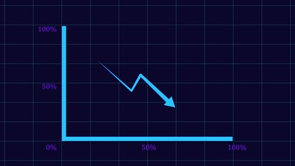 Blue downward trending arrow graph indicating financial loss and market decline on a dark grid background