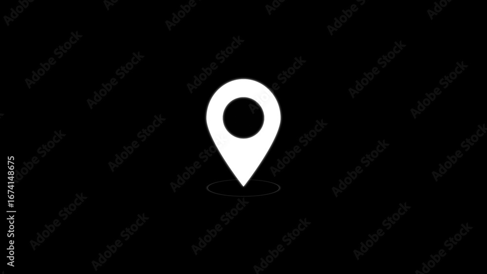 Poster simple white location pin icon on a solid black background representing navigation and destination