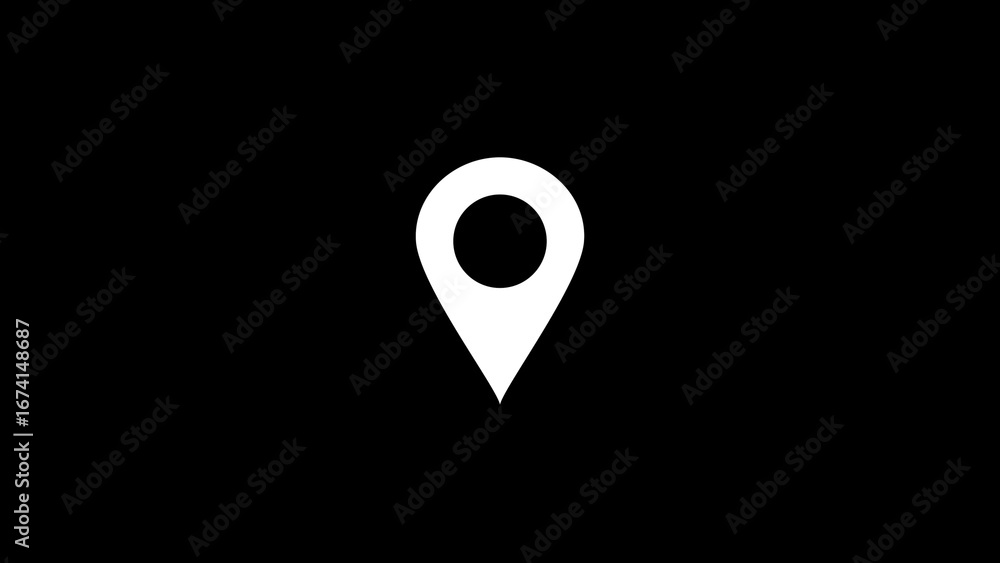 Poster minimalist white map pin icon on a stark black background representing location and navigation