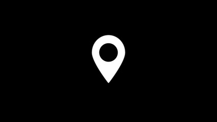 Simple white location pin icon centered on a solid black background for navigation and mapping concepts