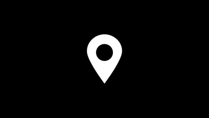 Simple white location pin icon centered against a stark black background minimalist design