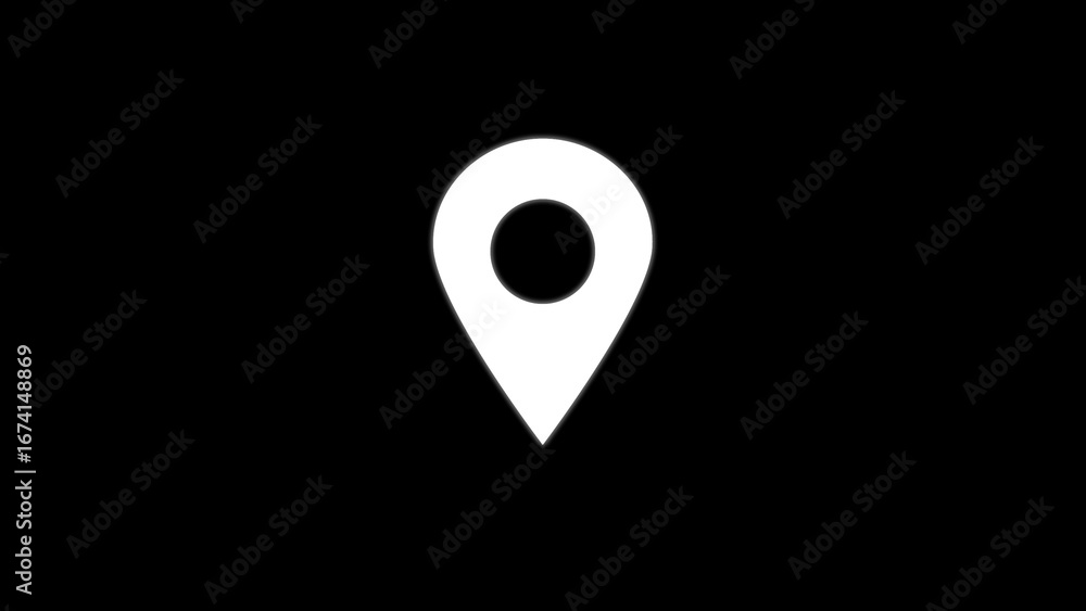 Poster simple white location pin icon isolated on a solid black background for navigation and mapping