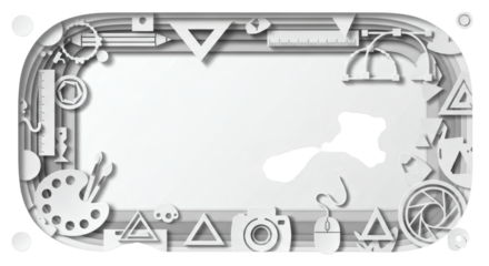 Paper art design with various creative tools and geometric shapes