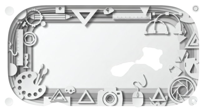 Paper art design with various creative tools and geometric shapes