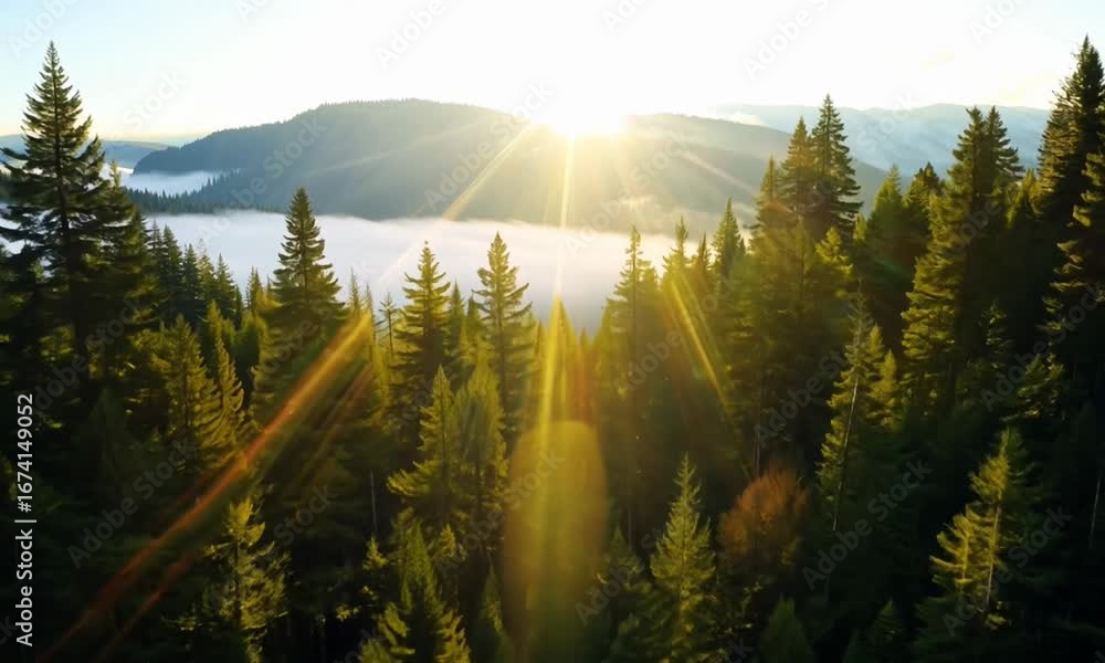 Poster sunlight shining through dense evergreen forest creating a warm and vibrant atmosphere view from abo