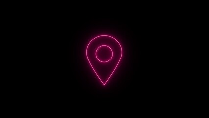 Vibrant neon pink location pin icon glowing against a dark black background with subtle digital glitch effect © md