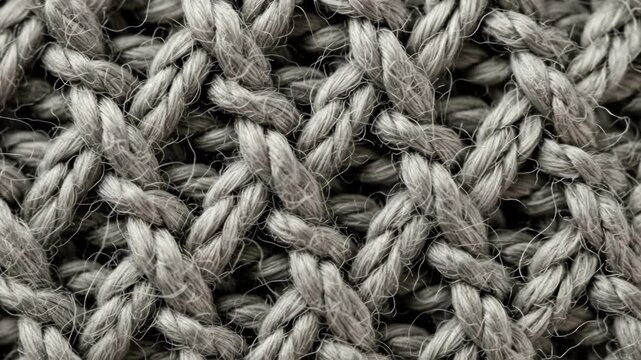 Close-Up Knitted Fabric Texture - Detailed macro shot of a grey knitted fabric, showcasing the intricate weave and individual threads.