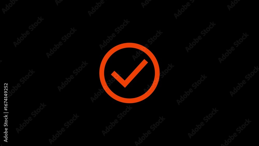 Poster simple red check mark inside a circle on a clean black screen representing confirmation