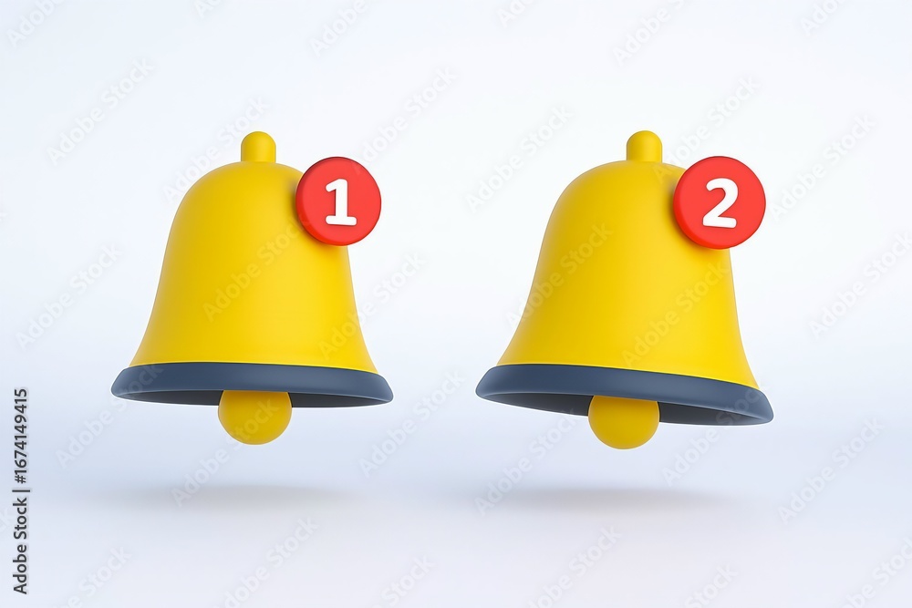 Poster two yellow notification bells with red circles showing numbers one and two