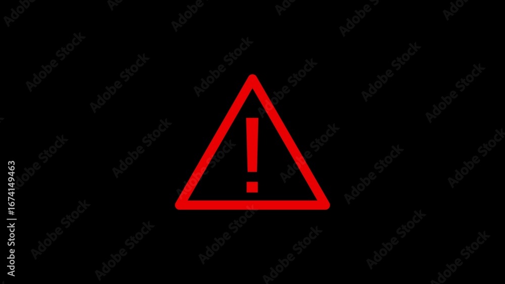 Aufkleber red illuminated warning triangle symbol with exclamation mark on a dark background indicating a vehi