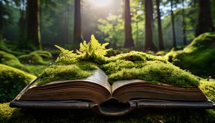 whispers of ages an ancient book its pages weathered by time cradles a vibrant bed of moss whispering tales of forgotten worlds and the enduring power of nature s embrace