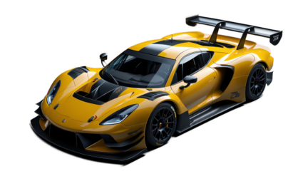 Sleek yellow high-performance sports car with advanced aerodynamics and a large rear wing, isolated on a clean white background for easy editing