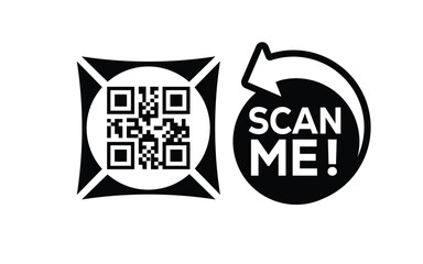 Black and white QR code graphic with “Scan Me!” text inside a circular icon and curved arrow pointing toward the code. Ideal for digital marketing, tech signage, and interactive design.
