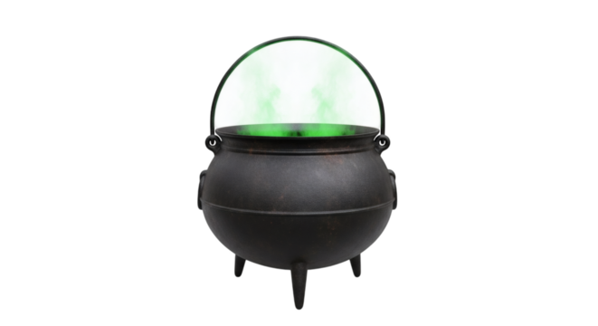 Mystical black cauldron emitting green glowing light on dark background