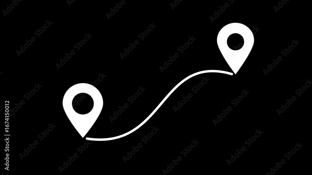 Poster two white location pins connected by a curved line on a stark black background representing a journe