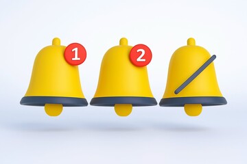 Three yellow notification bells with red badges showing one and two alerts and a muted bell