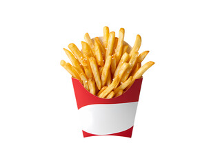 French fries in a red and white paper container isolated on transparent background