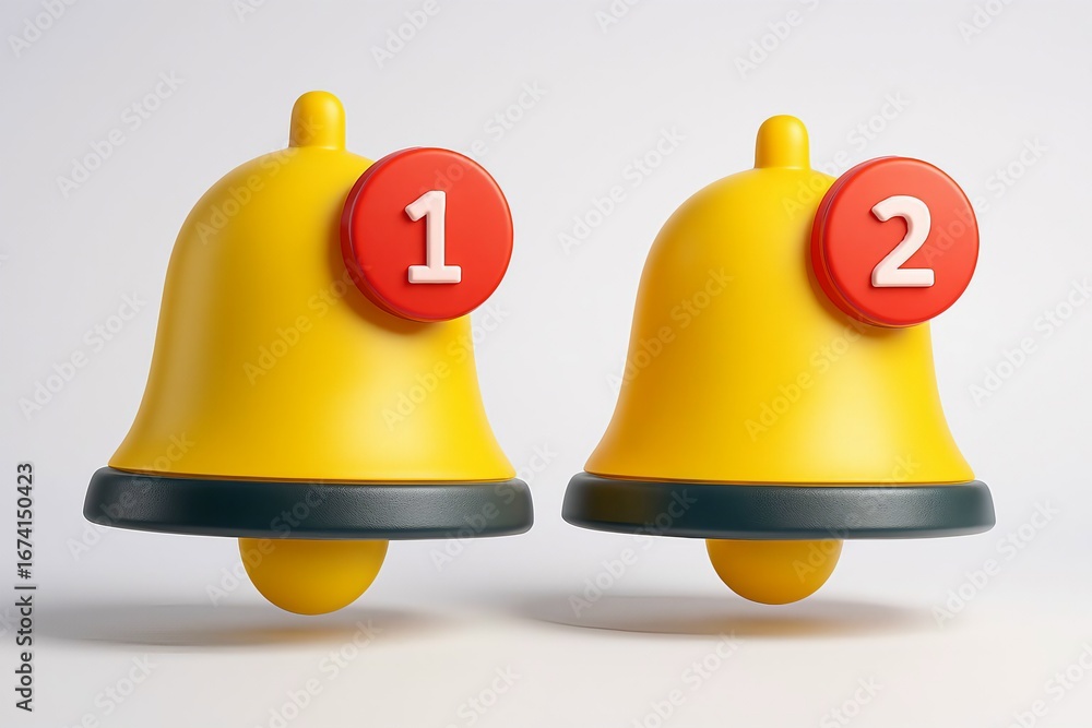 Poster two bright yellow notification bells with red circles displaying numbers one and two