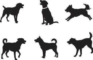 Black Dog Silhouette Vector Set Showing Various Dog Poses – Sitting, Running, Standing, Barking – Pet Animal Clipart Design