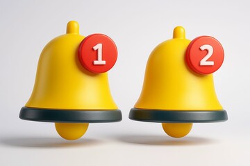 Two bright yellow notification bells with red circles displaying numbers one and two