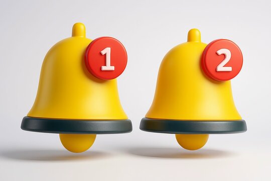 Two bright yellow notification bells with red circles displaying numbers one and two