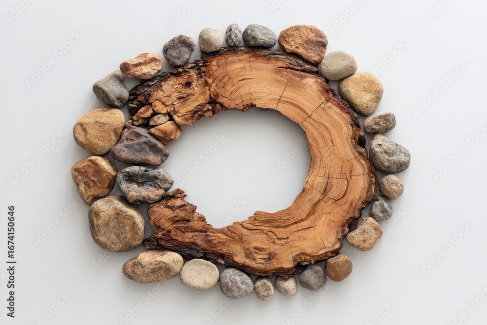 Poster a circular arrangement of various stones encircles a wooden tree slice, creating a serene and natura