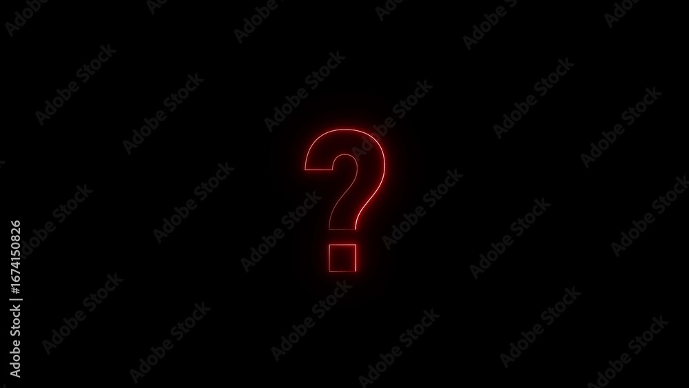 Poster a glowing red neon question mark symbol illuminates a dark background representing mystery and uncer