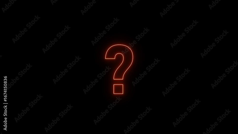 Poster glowing red neon question mark symbol illuminating a dark mysterious background with subtle glitches
