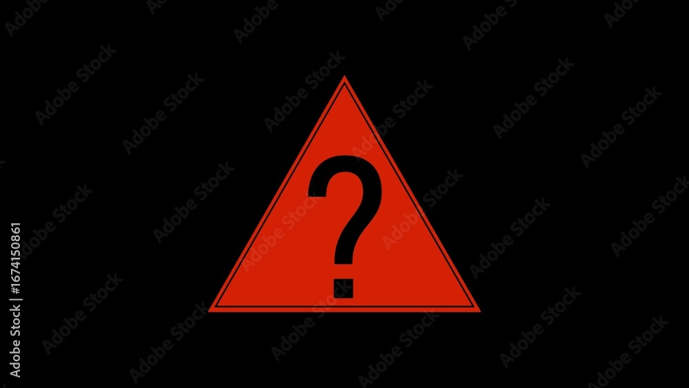 Poster red warning triangle with a black question mark symbol on a dark background