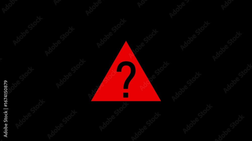Poster red warning triangle with a question mark symbol on a black background representing uncertainty and 