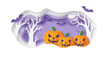 Spooky Halloween scene with pumpkins and bats in paper cut style