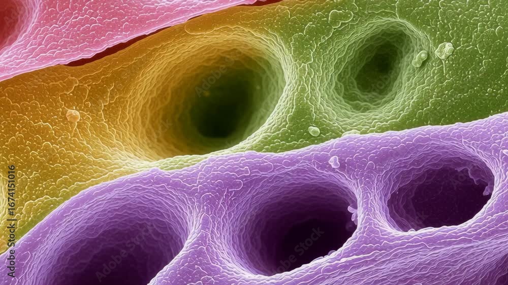 Poster magnified view of rare cell types exhibiting unique structures and colors under electron microscope