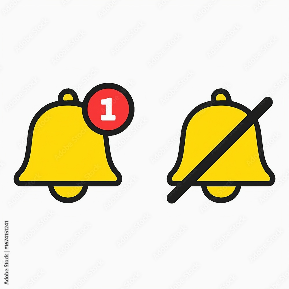 Poster notification bell icon with a red alert and a muted bell icon with a diagonal line