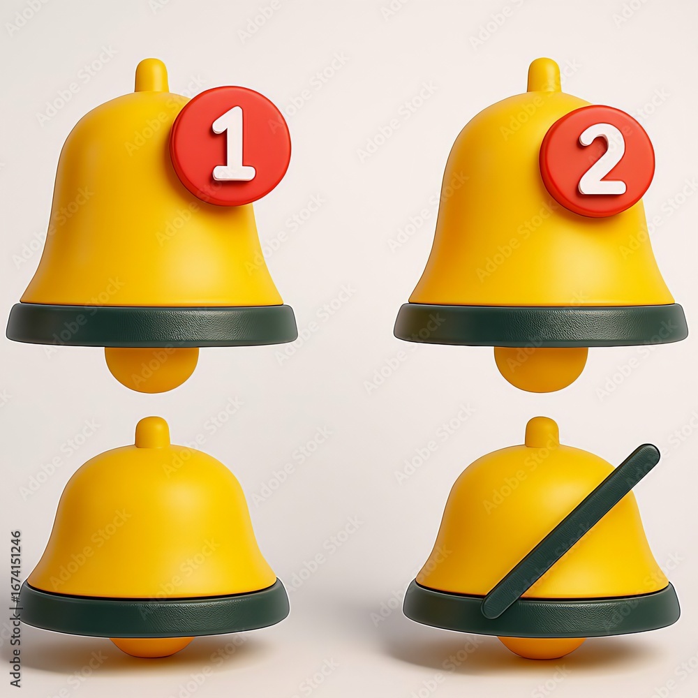 Aufkleber four yellow notification bells showing different alert statuses including one with a mute symbol
