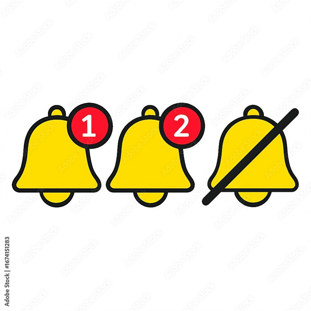 Aufkleber three yellow notification bells one with a red circle and number one another with a red circle and n