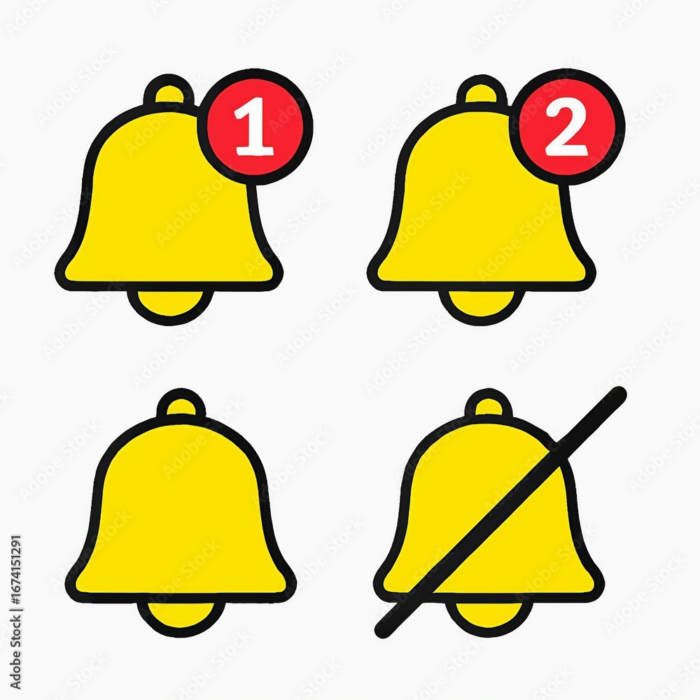 Aufkleber four yellow notification bells showing different states including unread count and muted
