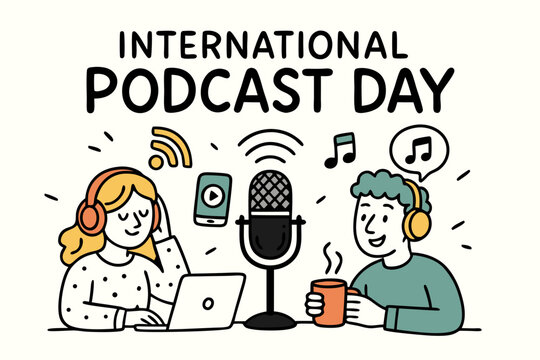 International Podcast Day illustration with people recording