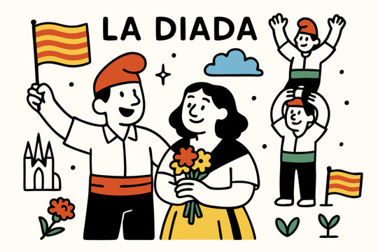 La Diada illustration with people flowers and national flag