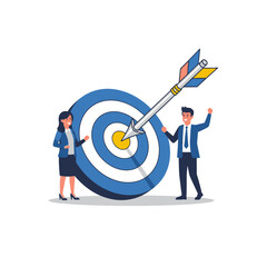 Business Team Celebrating Target Achievement with Dartboard in Office Environment - Vector Illustration