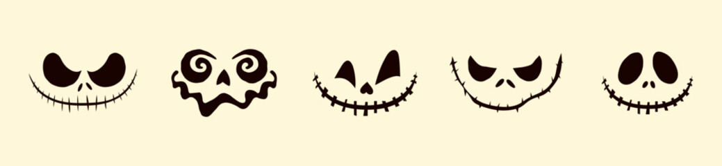 Collection of jack o lantern pumpkin face silhouettes. Halloween carving stencils and cut templates for decoration, party design, posters. © Anastasiia Zhu 